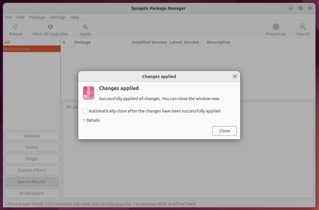 Synaptic Package Manager - Apply Successful