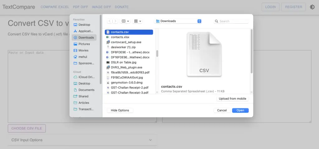 Textcompare Csvtovcard Csv File Upload